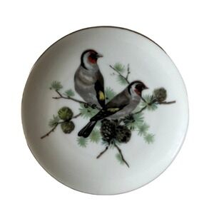 Antique Porcelain Bird on Pine Mini Plate Goldfinch Japan Mid Century Modern MCM